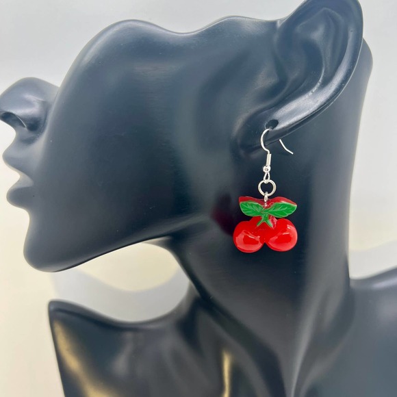Cherry Earrings - Fruit Earrings - Red Cherries Summer Earrings - Picture 8 of 8